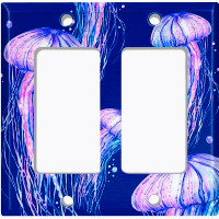 WorldAcc Metal Light Switch Plate Outlet Cover (Jelly Fish Pink Party Dark Blue  - Double Rocker)