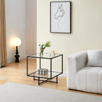 Ebern Designs Glass End Table, Modern Side Coffee Table With 2 Tier Storage, Black Metal Frame For Home, Living Room, Be