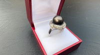 #373 - 14k White Gold, Black Rosé Pearl &amp; Diamond Ring, Size 8 3/4