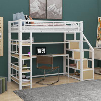 Mason & Marbles Karrara Twin Size Metal Loft bed with Staircase, Built-in Desk and Storage Shelves