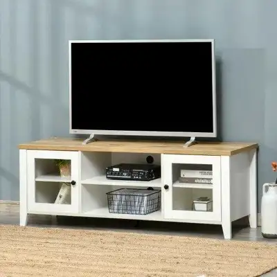 Modern Media Console TV Stand Entertainment Centre Unit Shelves Cabinet, White, Oak Wood Colour