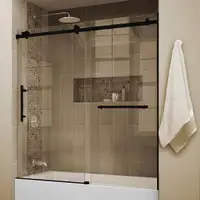 60x66 In, 8mm Reversible Sliding Bathtub Door with Roller System and Chrome or Matte Black Hardware   JBQ