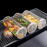 FixtureDisplays Rolling Grill Basket, Round Stainless Steel Grill Basket Bbq Grill Mesh Bbq Net Tube 2 Pack, Portable Gr