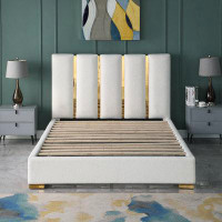 Mercer41 Contemporary Velvet Upholstered Bed, Solid Wood Frame, High-density Foam, Gold Metal Leg, King Size