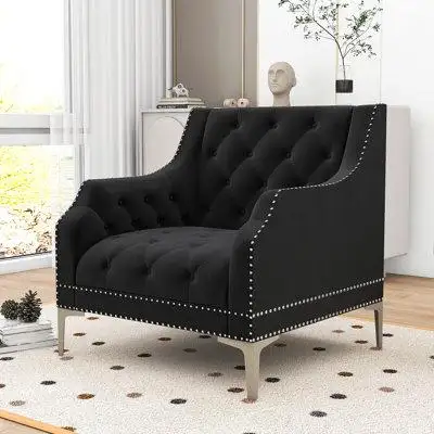 House of Hampton Dutch Plush Upholstered Sofa Chair with Metal Legs and Button Tufted Back