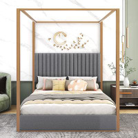 Mercer41 Queen Size Upholstery Canopy Platform Bed With Headboard And Metal Frame