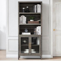 Gracie Oaks Book Shelf With Glass Doors, Tall Bookcase With 5-Tier Shelf, Large Bookshelf With Storage, Wooden Bookshelv