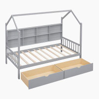 Latitude Run® Wooden House Bed with 2 Drawers,Kids Bed with Storage Shelf