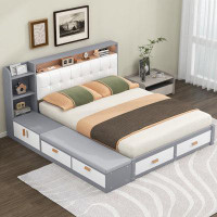 Red Barrel Studio Queen Size Low Profile Platform Bed Frame With Upholstery Headboard And Shelves Drawers,Grey