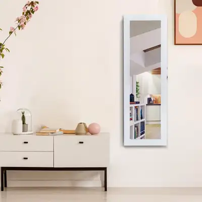 Wall-Mounted Hanging Jewelry Storage Cabinet Unit Full-Length Mirror - White