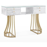 Mercer41 Manicure Table with Glass Top, Marbling Textured Salon Nail Tech Desk, Golden Metal Frame
