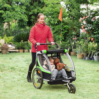 2-IN-1 BIKE TRAILER FOR KIDS 2 SEATER, BABY STROLLER WITH BRAKE, STORAGE BAG, SAFETY FLAG, REFLECTORS &amp; 5 POINT HARN