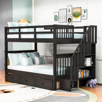 Harriet Bee Full Over Full Wood Bunk Bed With Drawers And Stairway