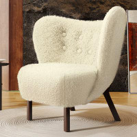 George Oliver Modern Accent Chair Lambskin Sherpa Wingback Tufted Side Chair With Solid Wood Legs For Living Room Bedroo