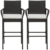 Winston Porter Winston Porter Set Of 2 Wicker Bar Stools Set Outdoor High Back Bar Counter Chairs W/ Cushions