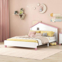 Red Barrel Studio Full Size Wood Platform Bed with House-shaped Headboard  (White+Pink)