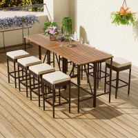 Arlmont & Co. 10-Piece Outdoor Bar Height Dining Set With Acacia Wood Table And 8 Stools