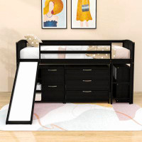 Harriet Bee Twin Size Wooden Loft Bed With Slide, Cabinets And Shelves