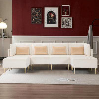 Mercer41 138”W L-Shaped Velvet Sectional Sofa with Two Ottoman.