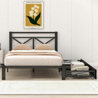 Gracie Oaks Queen Size Metal Platform Bed With 2 Drawers