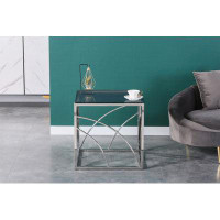 Mercer41 Modern Stainless Steel Cube Coffee Table With Tempered Glass Top - Silver Mirror Finish And Blue Star Gray Glas