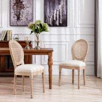 Ophelia & Co. French Style Solid Wood Frame Antique Painting Linen Fabric Rattan Back Dining Chair,Set Of 2
