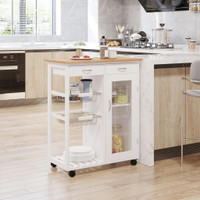 34 ROLLING WOOD KITCHEN TROLLEY SERVING CART WITH DRAWER AND CABINET WHEELED KITCHEN STORAGE ISLAND WHITE WITH BAMBOO T
