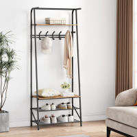 17 Stories Coat Rack Shoe Bench with 5 Hooks , Wood Look Accent Furniture with Metal Frame_70" H x 25.2" W x 11.4" D