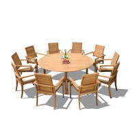 Teak Smith Grade-A Teak Dining Set: 72" Round Table And 10 Algrave Stacking Arm Chairs