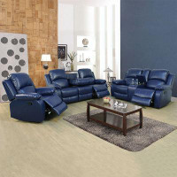 Latitude Run® Dark Blue Recycled Leather 3-piece Recliner Sofa Set