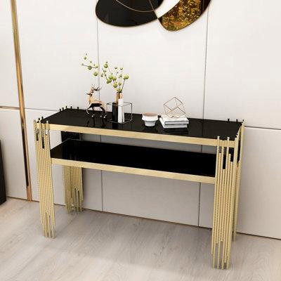Orren Ellis Orren Ellis 47.2" Modern Black Faux Marble Narrow Console Table With Storage Shelf And 4 Gold Legs in Other Tables
