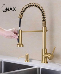 Pull-Down Kitchen Faucet 16.5 Spiral Flexible With Soap Dispenser In Brushed Gold Finish