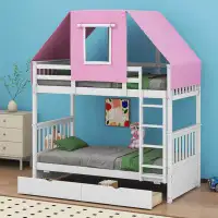 Ling IN Twin Over Twin Bunk Bed Wood Bed with Tent and Drawers