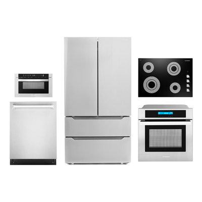 Cosmo 5 Piece Kitchen Package With 30" Electric Cooktop 24" Single Electric Wall Oven 24" Built-in Microwave Drawer Ener in Refrigerators