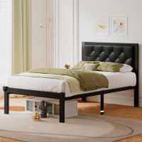Ebern Designs Ebern Designs Queen Size Metal Bed Frame With Faux Leather Rhombic Stitch Upholstered Headboard, Heavy Dut