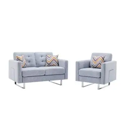 Ivy Bronx Maoyan Light Grey Linen Fabric Loveseat Chair Living Room Set With Metal Legs