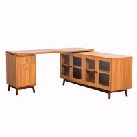 Corrigan Studio 66.5" Modern L-shaped Executive Desk with delicate tempered glass Cabinet Storage