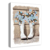 One Allium Way Blue Floral Rain Boots - Wrapped Canvas Print