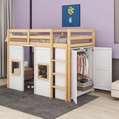 Harriet Bee Wood Twin Size Loft Bed With Built-In Storage Wardrobe