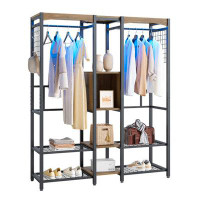 Bestier Metal Freestand Wardrobe W/Wood Shelves & Colour Changing Lights, Grey