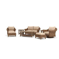 Winston Cayman Loveseat, Swivel Glider Lounge Chair, Coffee Table, Ottoman and Side Table 8 Piece Rattan Seating Group w