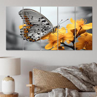 Gracie Oaks Yellow Grey Butterfly Haven II - Animals Canvas Print - 5 Equal Panels