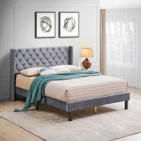 House of Hampton Velvet Button Tufted-Upholstered Bed With Wings Design - Strong Wood Slat Support - Easy Assembly - Gre