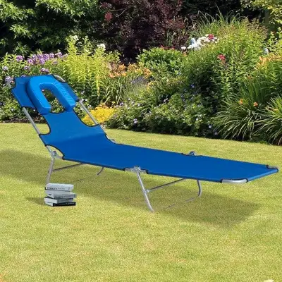4 Position Folding Chaise Reclining Sun Lounger w Face & Arm Hole, Beach Patio Pool Deck, Blue