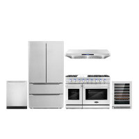 Cosmo 5 Piece Kitchen Package with 48" Freestanding Gas Range 48" Under Cabinet Mount 24" Built-in Fully Integrated Dish