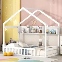 Harper Orchard Twin Size Wooden House Bed With Storage Shelf, Fence, Roof - Charming Kids' Furniture In White