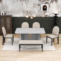 Red Barrel Studio Areyonna 6-Piece Dining Set with Faux Marble Table and Four Upholstered Chairs and Bench
