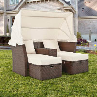 Latitude Run® Outdoor PE Wicker Loveseat Sofa Patio Lounge Chair With Canopy And Cup Holders