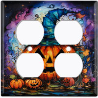 WorldAcc Metal Light Switch Plate Outlet Cover (Halloween Spooky Pumpkin Witch Hat - Double Duplex)