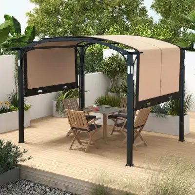 11ft x 9.5ft LED Steel Pergola Gazebo Shelter w Lights & Fabric Roof Outdoor Patio, Black, Brown
